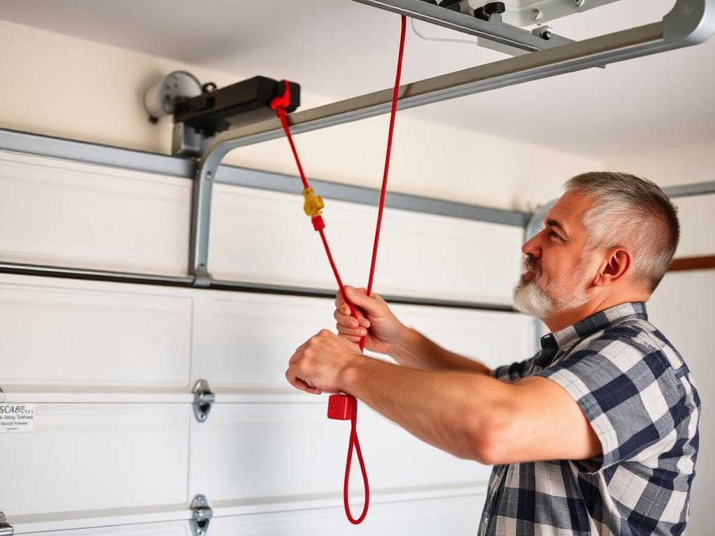 Close-up of garage door emergency manual release cord and mechanism with safety instructions