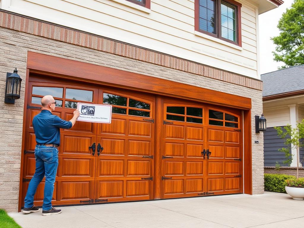 Technician performing safety reversal testing on a garage door with specialized equipment