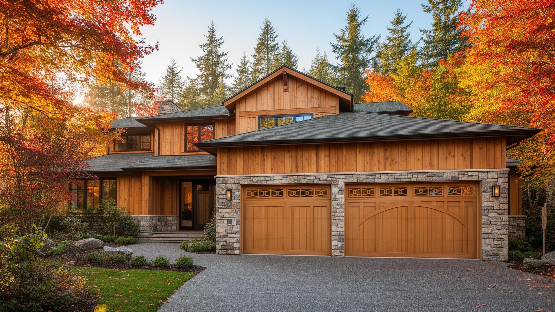 Beautiful Tuscan-inspired wood garage doors with stone surround on modern Pacific Northwest home